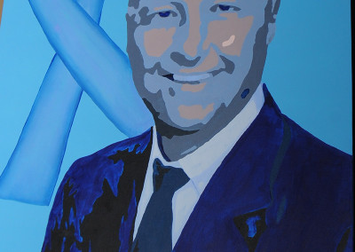 Painting of a bald man in a suit, with a large blue ribbon overlay, on a blue background.