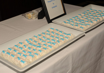 Two trays of white frosted pastries topped with blue decorations on a table at an event.