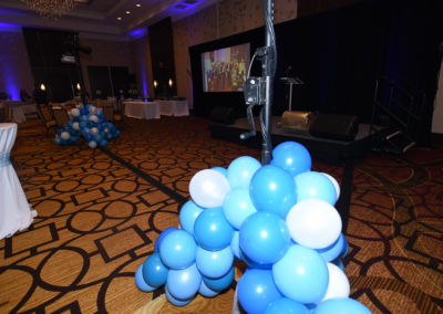 Blue and white balloons on a table.