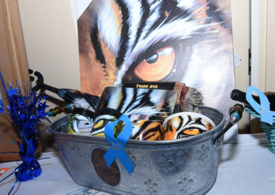 A galvanized bucket filled with promotional materials featuring tiger-eye artwork, displayed on a table at an event.